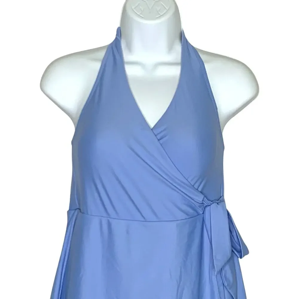 J Crew 6 Womens Halter Wrap Swim Dress Sail Blue Lined Padded Resort Pool